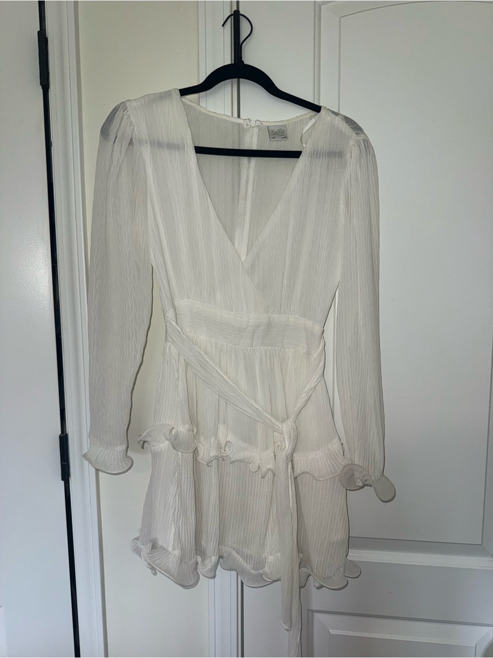 White Long-Sleeve V-Neck Mini Dress